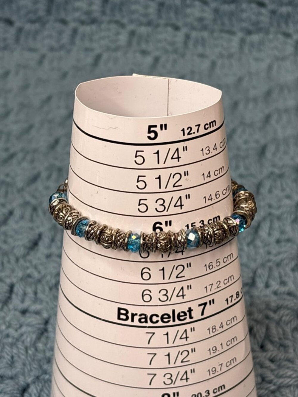 Artisan Bracelet Silvertone Faceted Blue Glass Beads Toggle Clasp 6 inches Long